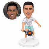custom bobblehead figure male pickleball player leaning forward with a low paddle