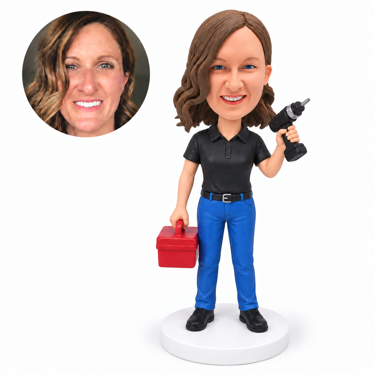 custom bobblehead figure female repair worker holding a cordless drill and toolbox