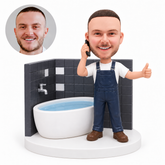 custom bobblehead figure plumber beside a bathtub and tiled wall making a phone call