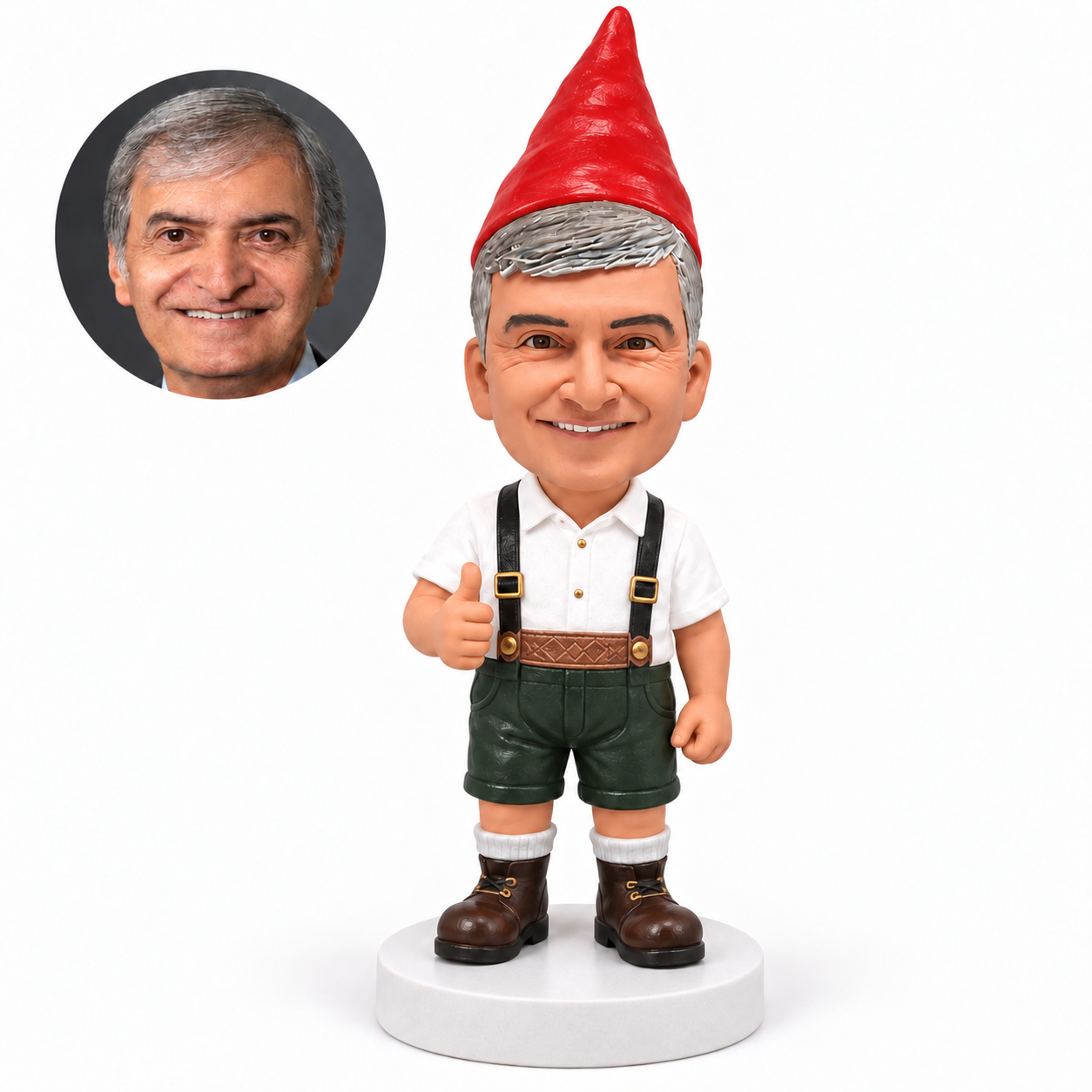 custom bobblehead figure garden gnome in lederhosen giving a thumbs up