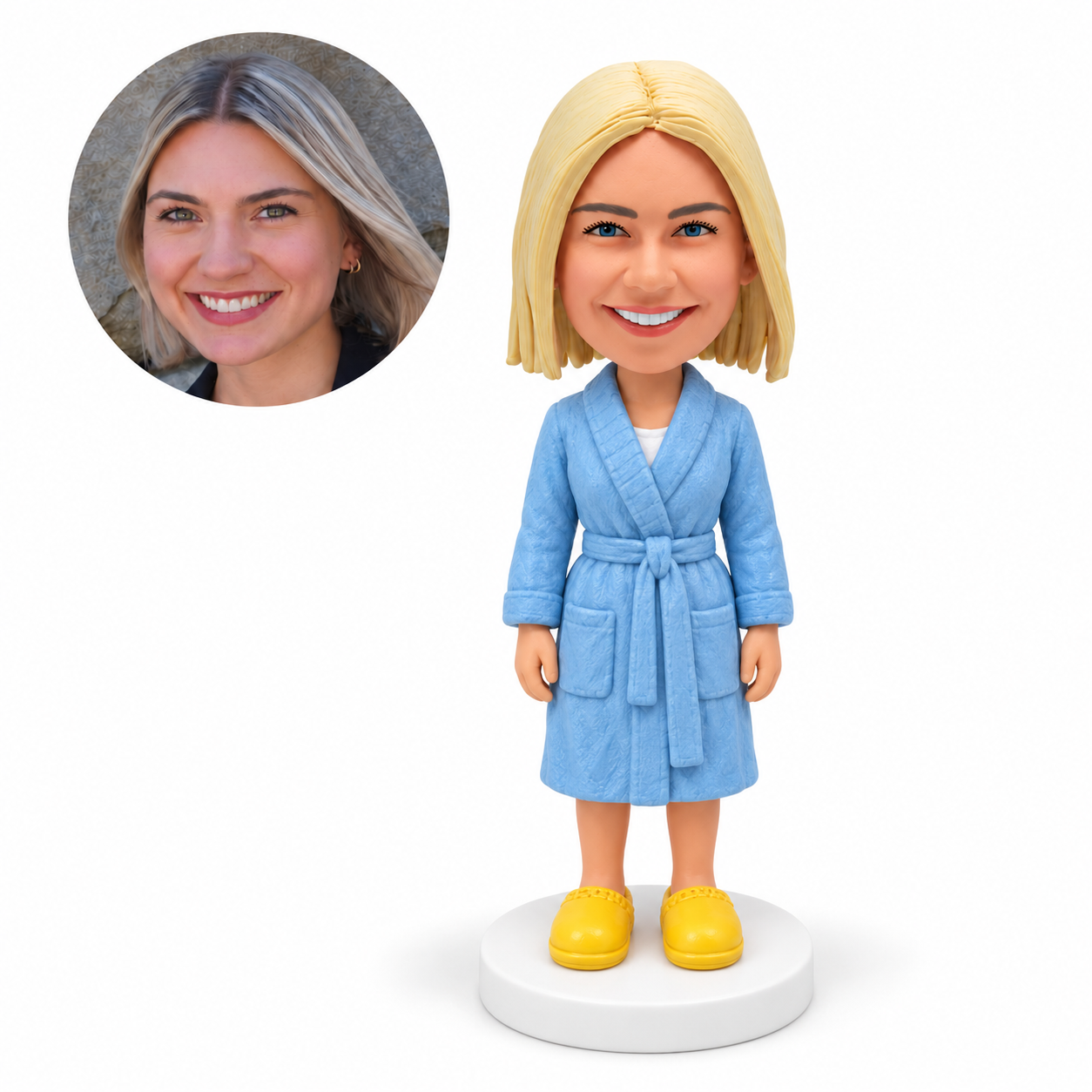 custom bobblehead figure woman in a tied bathrobe with both arms at her sides
