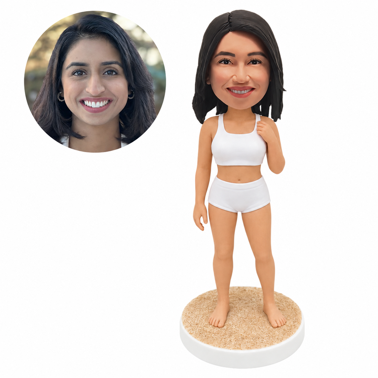 custom bobblehead figure adult woman standing in an athletic two-piece swimsuit