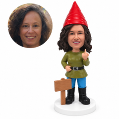 custom bobblehead figure adult female garden gnome making a middle-finger gesture beside a wooden sign