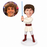 custom bobblehead figure young space knight in a white tunic holding a light sword upright