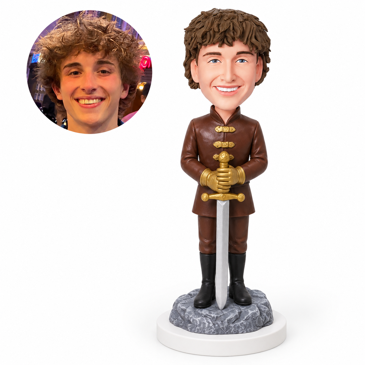 custom bobblehead figure male medieval knight in a brown tunic resting both hands on a sword