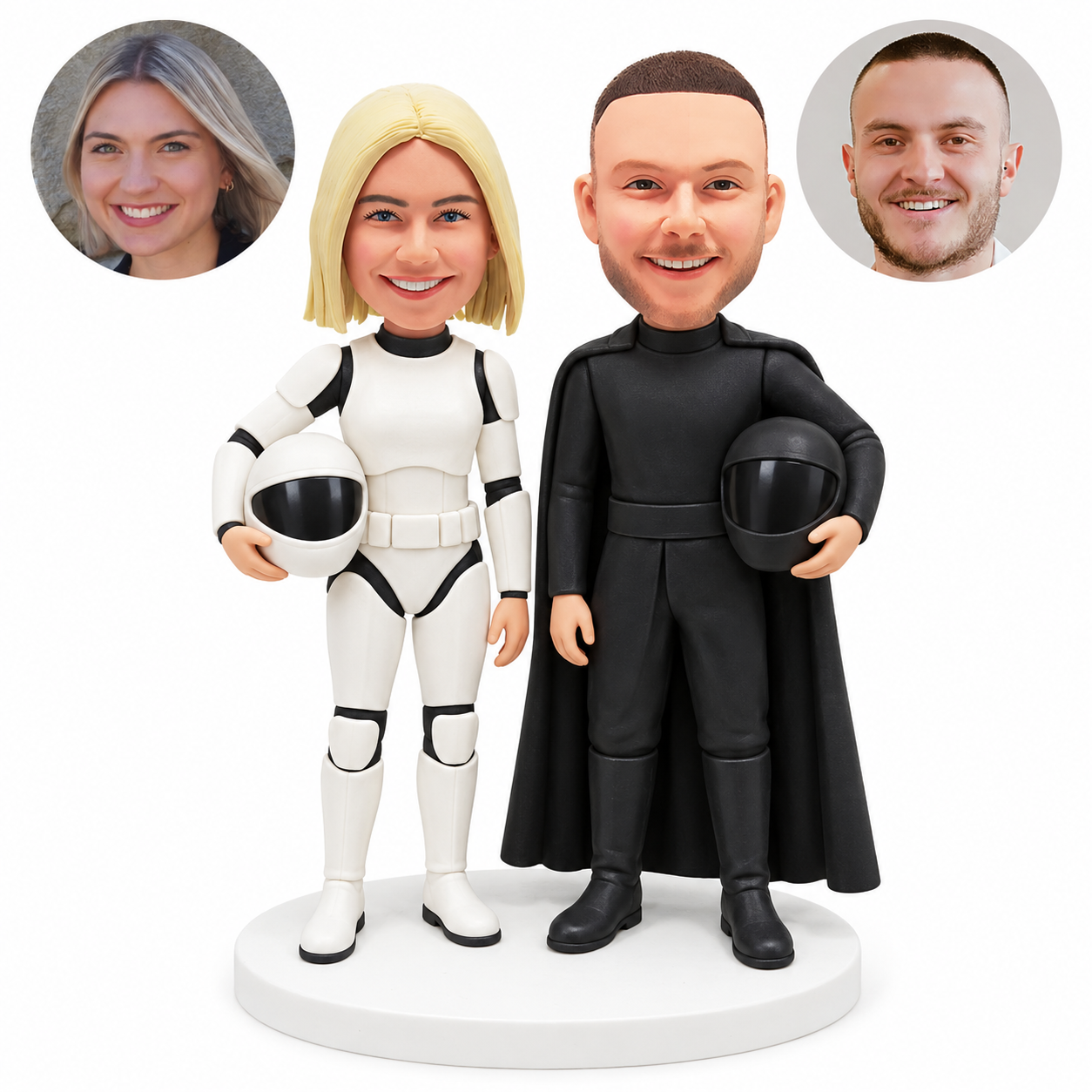 custom bobblehead figures space costume couple holding helmets in white armor and a black cape