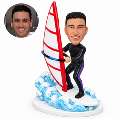 custom bobblehead figure male windsurfer on a board with a sail and sculpted waves
