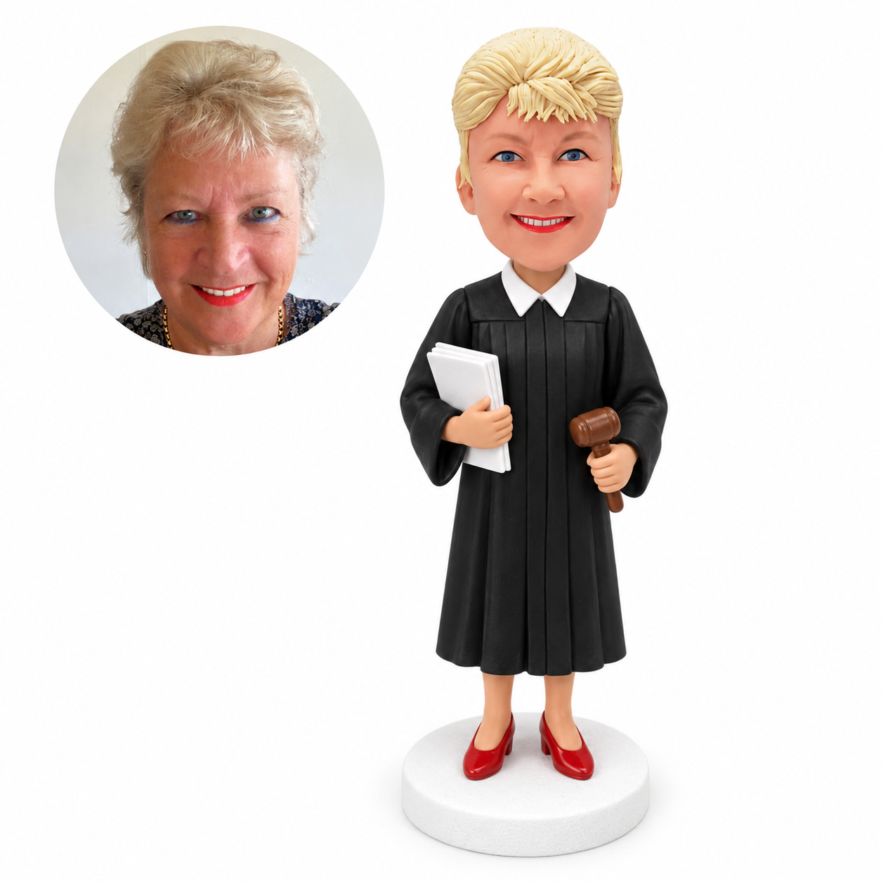 custom bobblehead figure female judge holding legal papers and a gavel