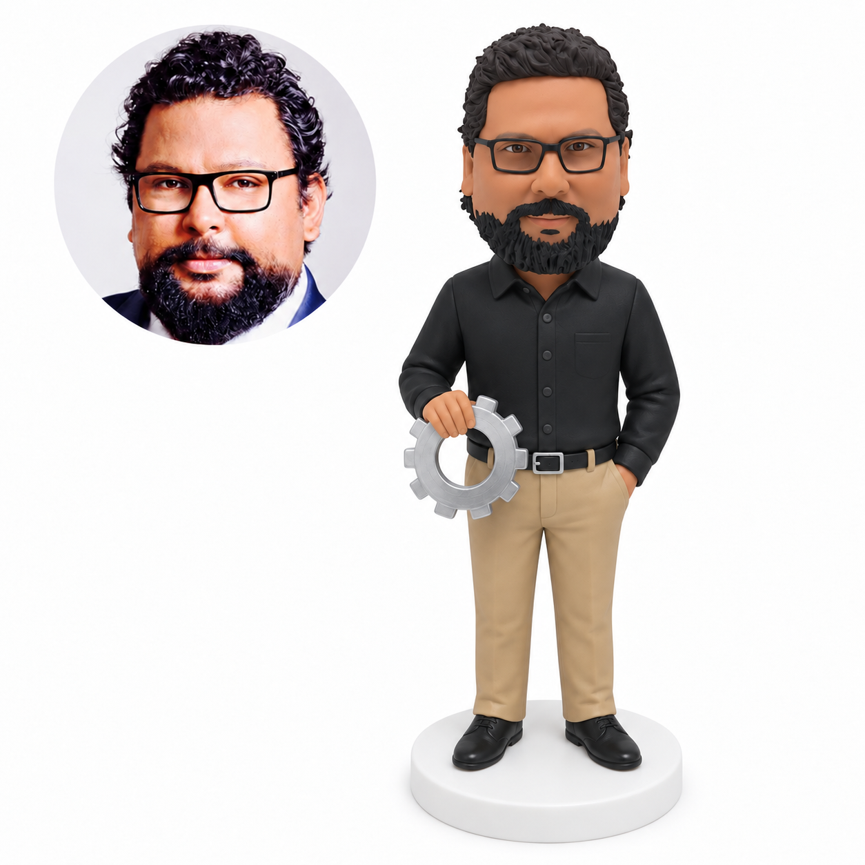custom bobblehead figure male mechanic holding a gear ring