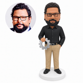 custom bobblehead figure male mechanic holding a gear ring