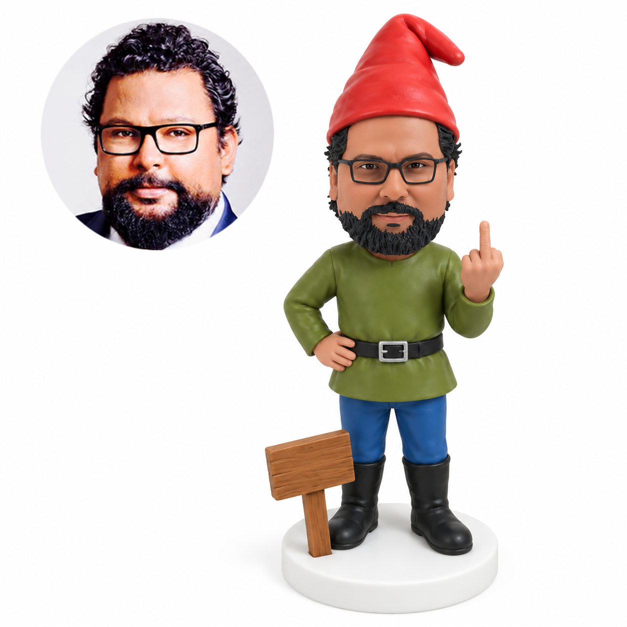 custom bobblehead figure adult male garden gnome making a middle-finger gesture beside a wooden sign