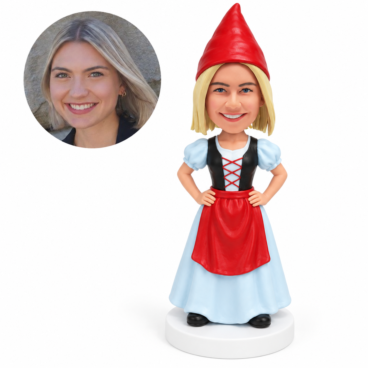 custom bobblehead figure female garden gnome in a traditional bodice dress and apron