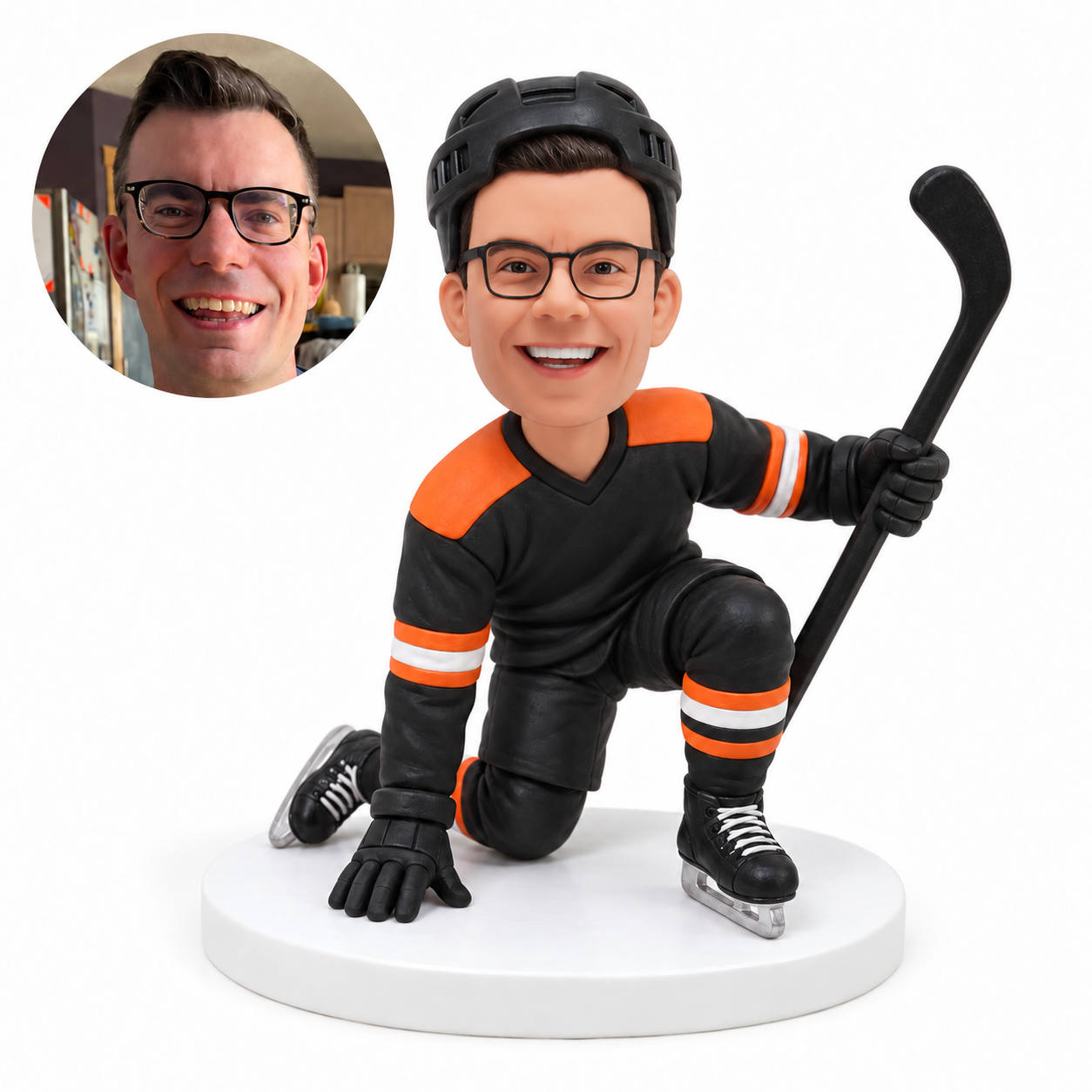 custom bobblehead figure male hockey player kneeling with one hand on the ice