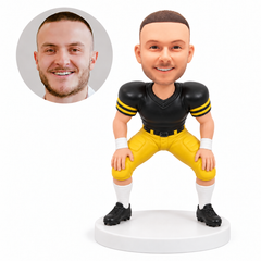custom bobblehead figure male football player crouching with both hands on his knees