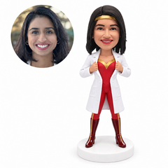custom bobblehead figure female doctor opening her white coat to reveal a red and gold hero costume