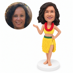 custom bobblehead figure hula dancer with one hand on her hip and one palm raised