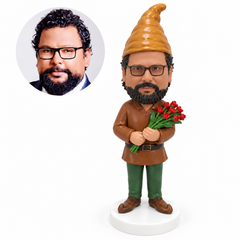 custom bobblehead figure male garden gnome holding a bouquet with both hands