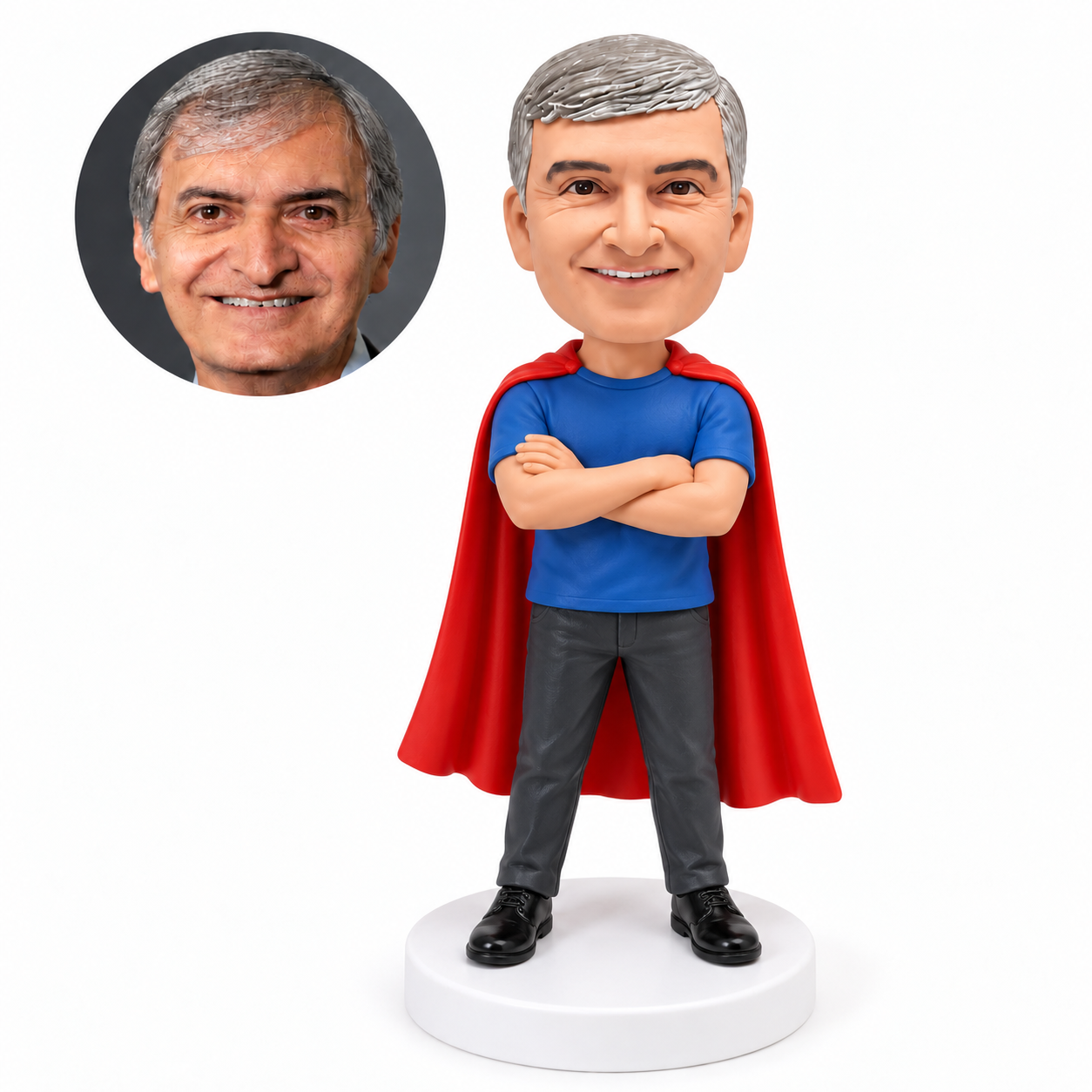 custom bobblehead figure man in a T-shirt and jeans with a cape and crossed arms
