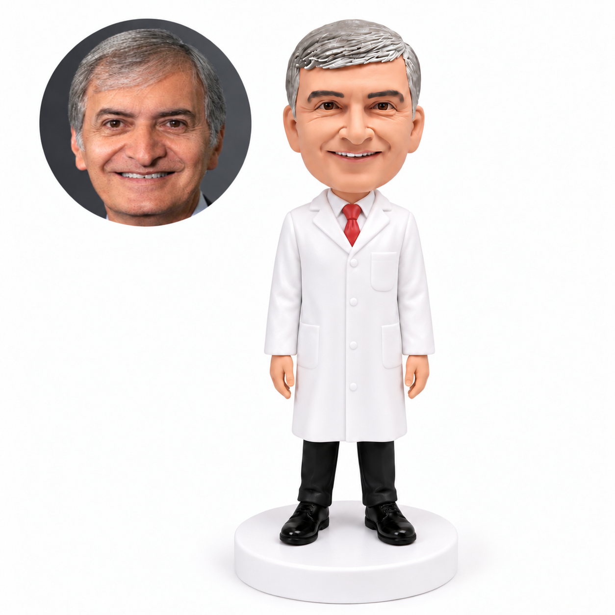 custom bobblehead figure male doctor in a white lab coat with both arms down