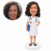 custom bobblehead figure female nurse in a dress holding a medical folder at her side