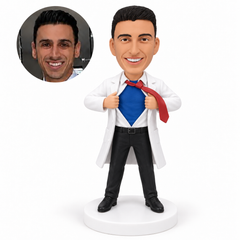 custom bobblehead figure male doctor opening his shirt over a plain T-shirt