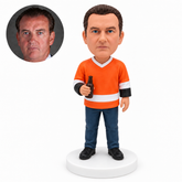 custom bobblehead figure male hockey fan in a jersey and jeans holding a beer bottle