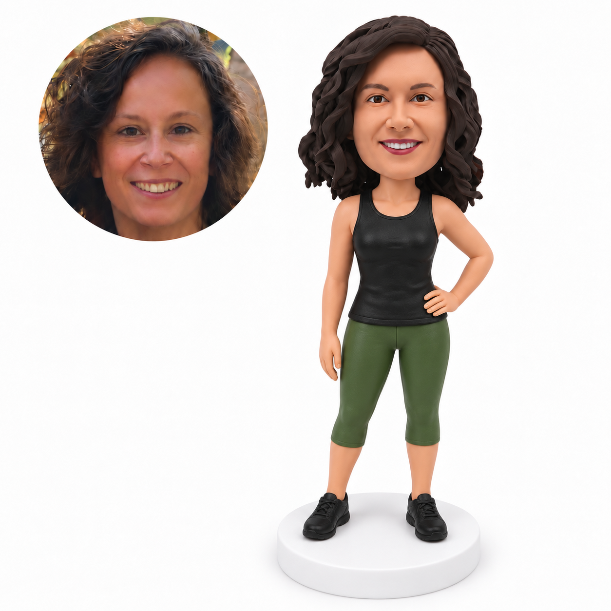 custom bobblehead figure woman in a workout tank top and capri leggings with one hand on her hip
