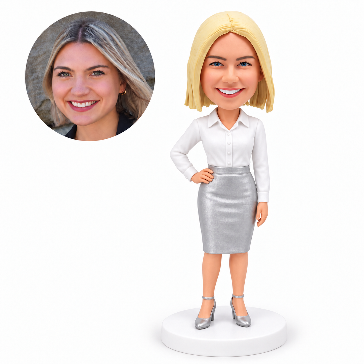 custom bobblehead figure office woman in a collared shirt and pencil skirt with one hand on her hip