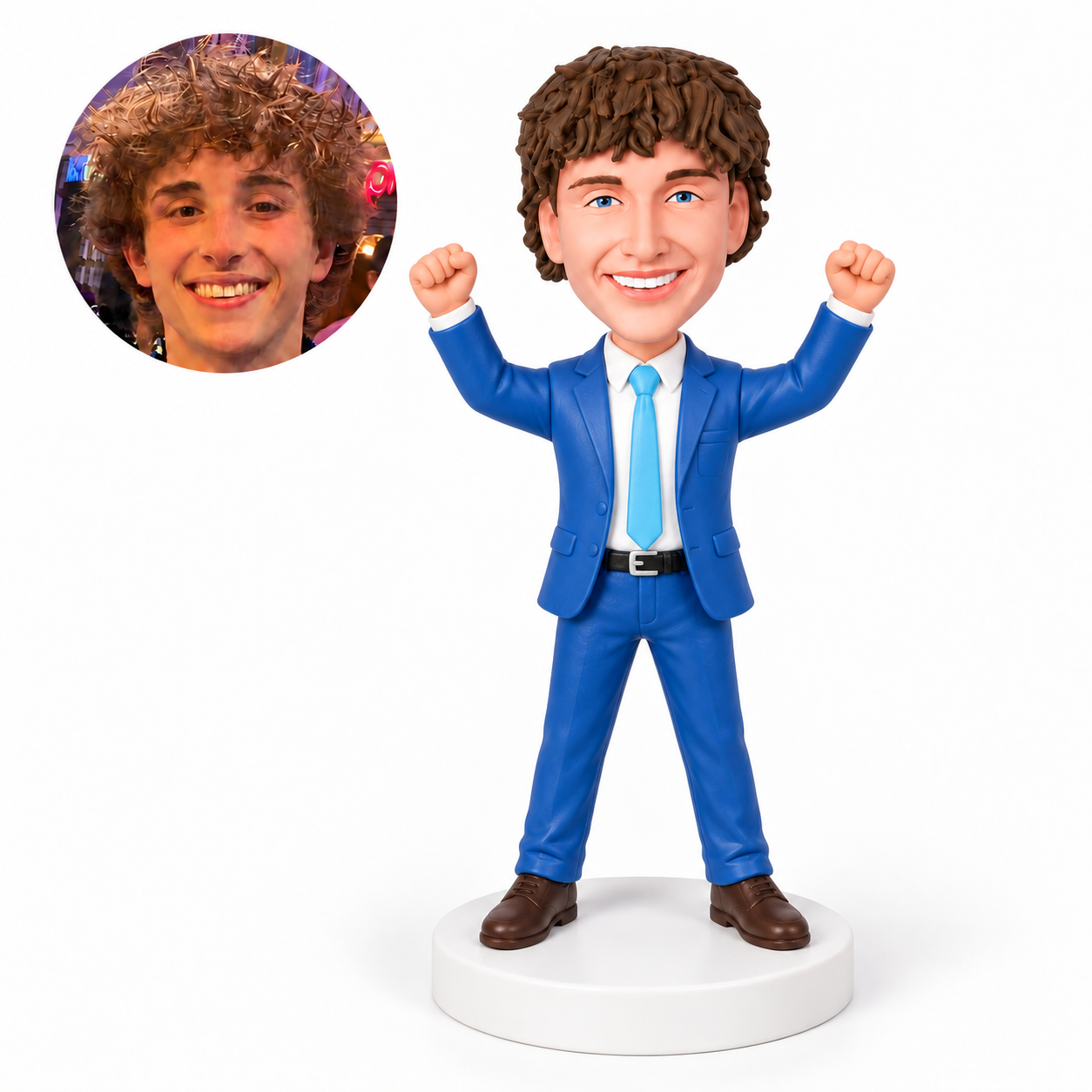 custom bobblehead figure businessman in a suit celebrating with both fists raised