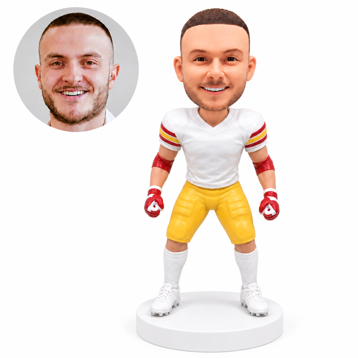 custom bobblehead figure male football player standing with both gloved fists at his sides