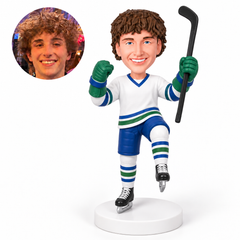 custom bobblehead figure male hockey player celebrating with one knee raised and a stick held up