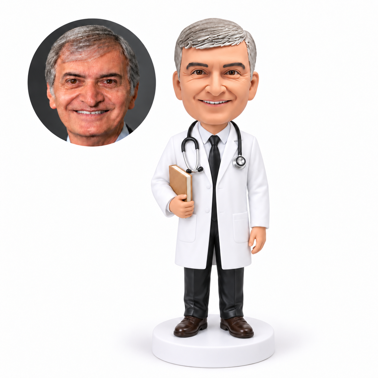 custom bobblehead figure male doctor with a stethoscope holding a book with his other arm down