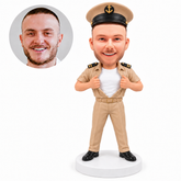 custom bobblehead figure male naval officer opening his khaki shirt over a white undershirt