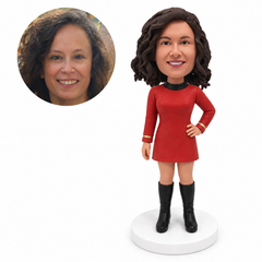 custom bobblehead figure female sci-fi captain in a red uniform dress with one hand on her hip