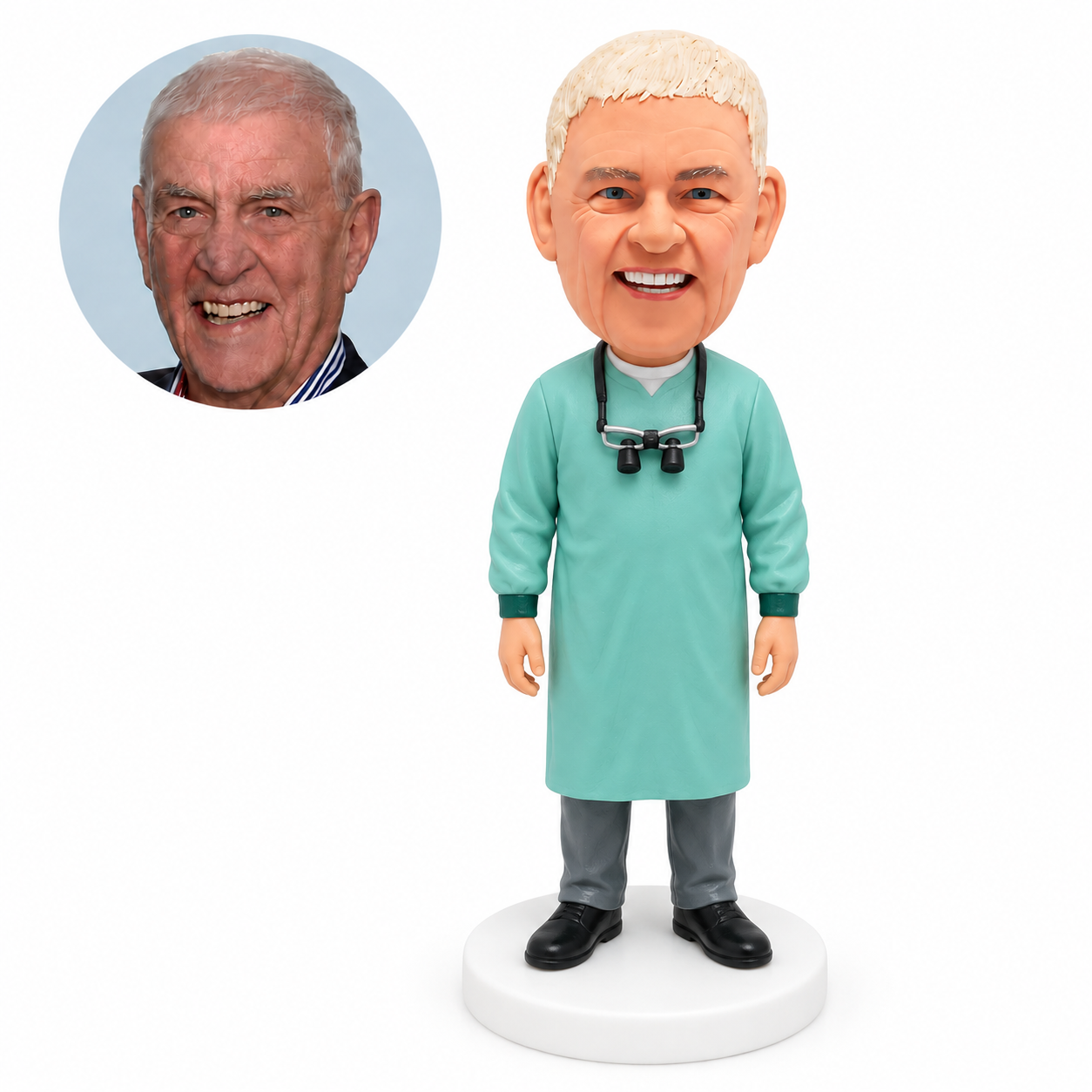 custom bobblehead figure male medical professional in a surgical gown with loupes