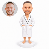 custom bobblehead figure man in a tied bathrobe with both hands in his pockets