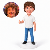 custom bobblehead figure man in a band-collar shirt and jeans giving one thumbs up