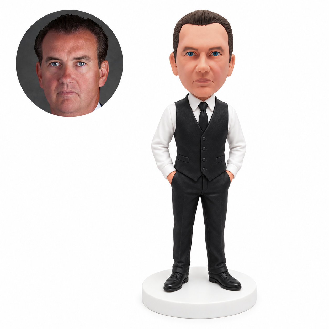custom bobblehead figure man in a waistcoat and long sleeves with both hands in his pockets