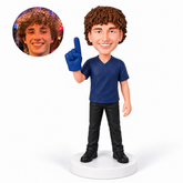 custom bobblehead figure male fan in a short-sleeved jersey and trousers raising a foam finger