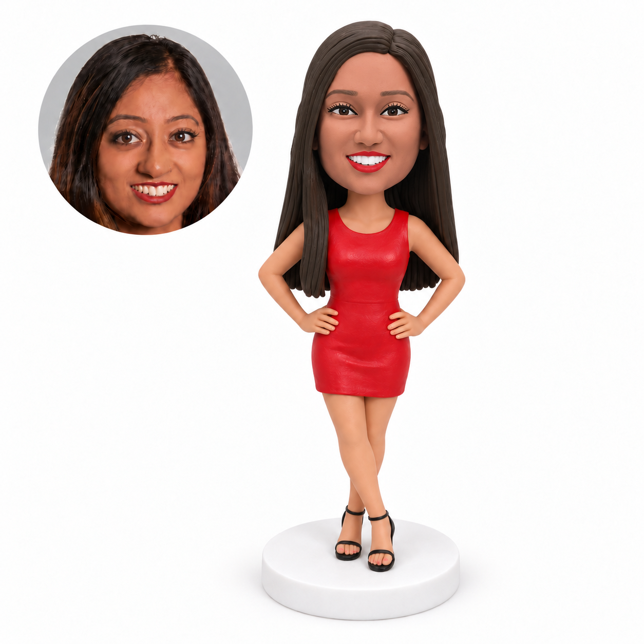 custom bobblehead figure woman in a sleeveless mini dress with hands on hips and crossed ankles