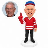 custom bobblehead figure male hockey fan in a cap and long-sleeved jersey raising a foam finger