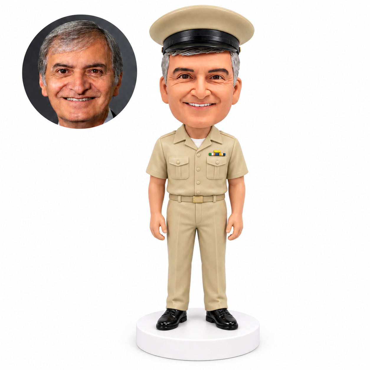 custom bobblehead figure male naval officer in a short-sleeved khaki uniform with arms down