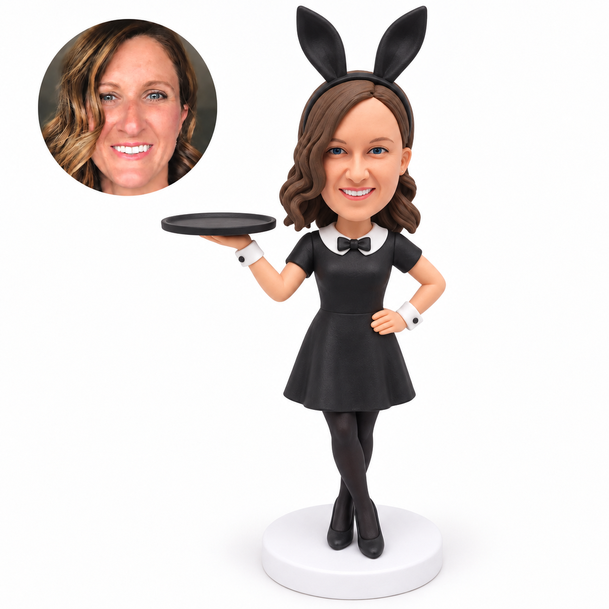 custom bobblehead figure adult stage hostess in a bunny-ear dress holding a tray