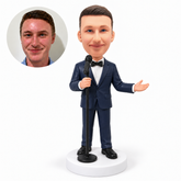 custom bobblehead figure male singer in a bow-tie suit holding a microphone stand