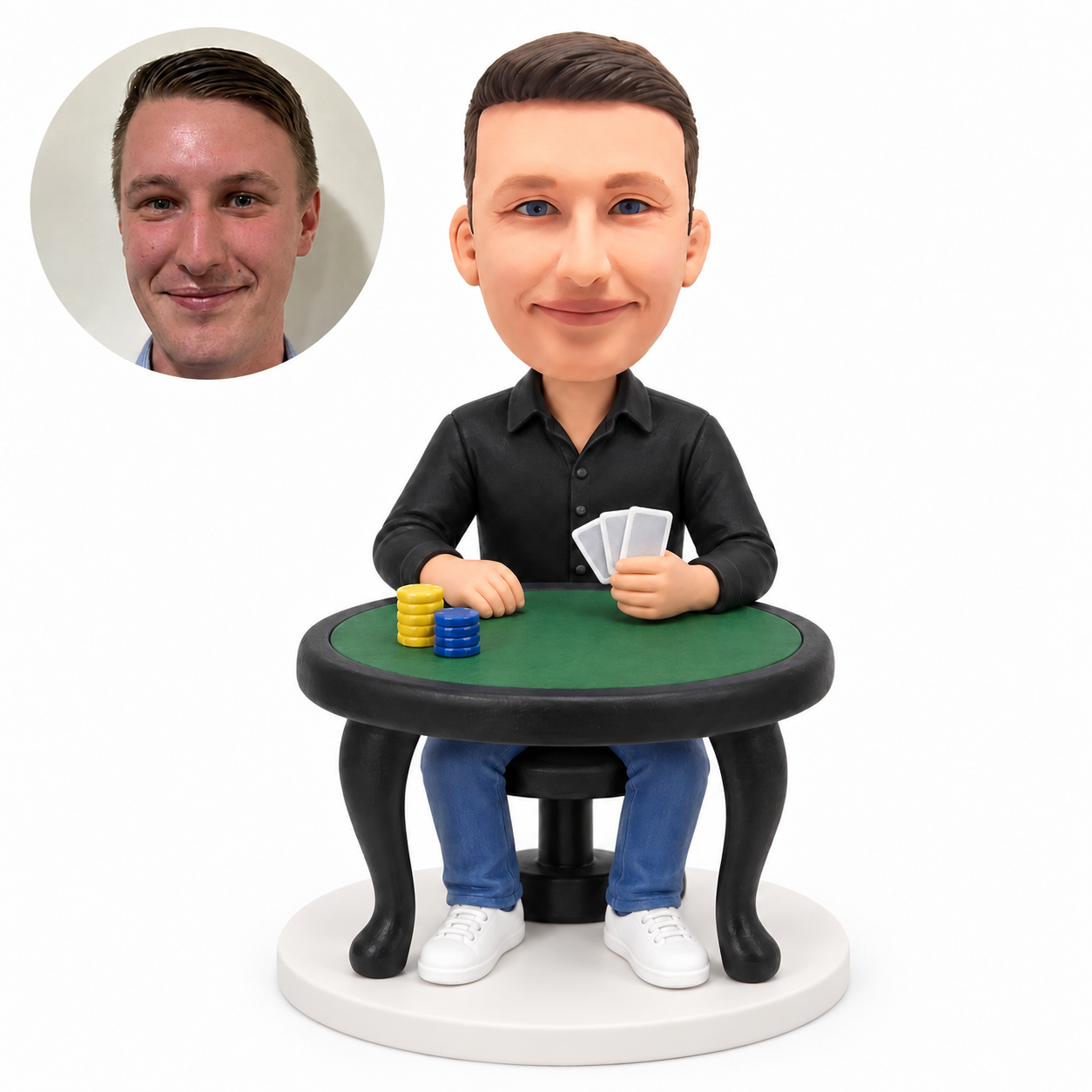 custom bobblehead figure casual male poker player in a shirt and jeans seated at a table