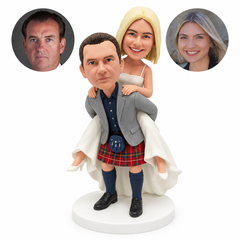 custom bobblehead figures Scottish groom in a kilt carrying the bride on his back