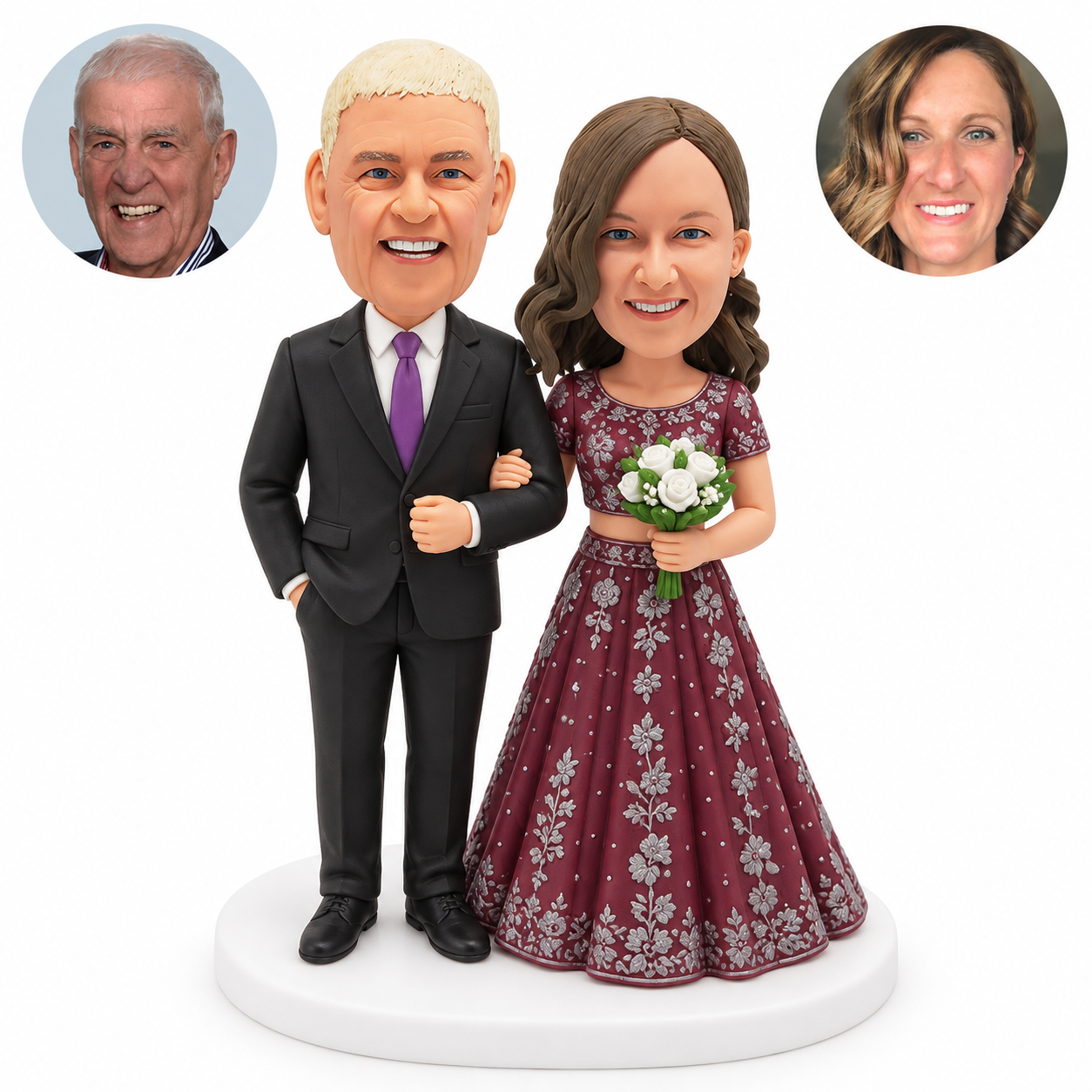 custom bobblehead figures couple in a black suit and burgundy lehenga holding flowers