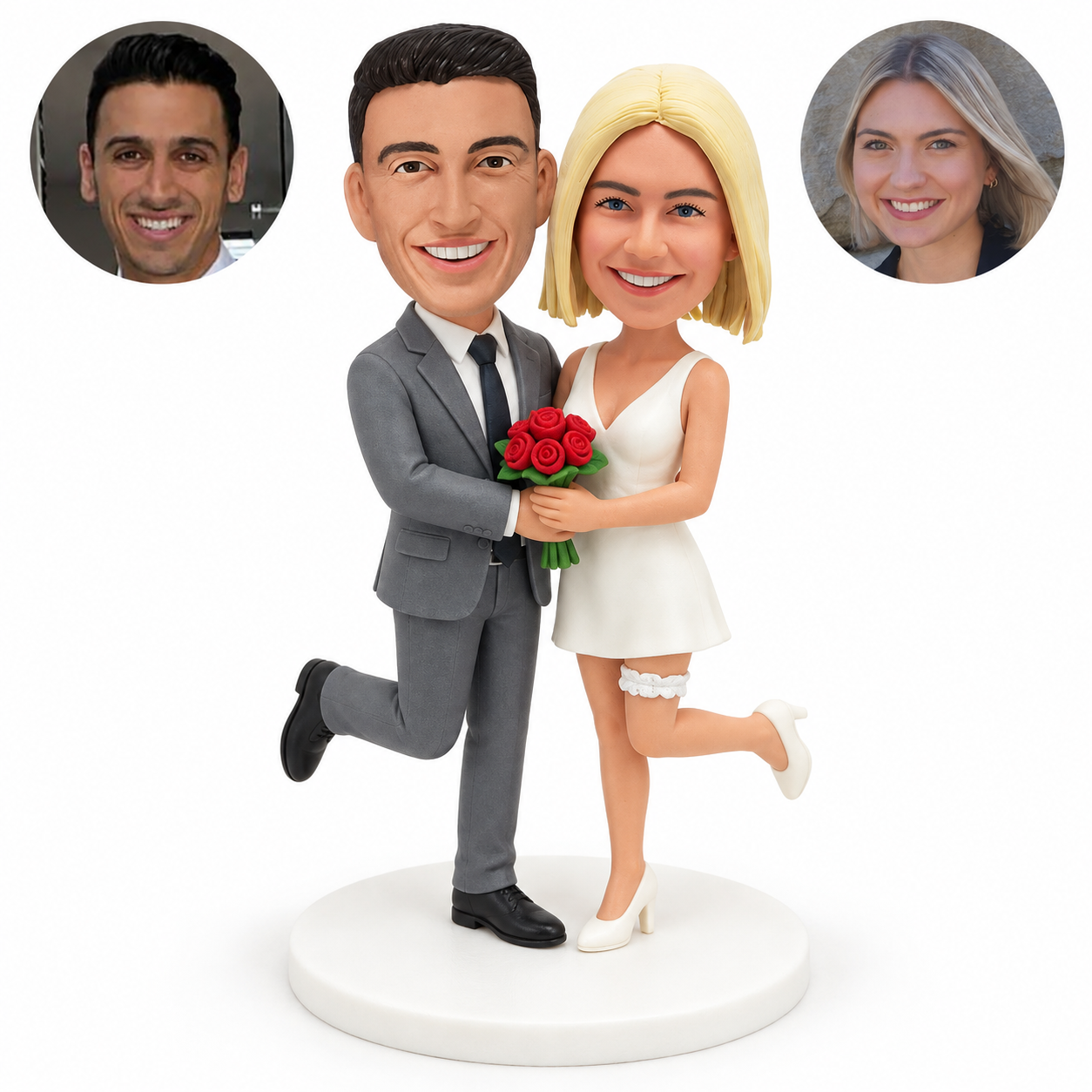 custom bobblehead figures playful wedding couple each lifting one leg and holding a bouquet