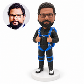 custom bobblehead figure male skydiver with a blue harness and parachute pack