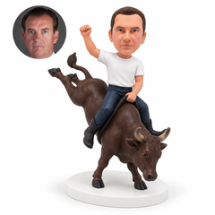 custom bobblehead figure casual rider in a white shirt on a bucking bull